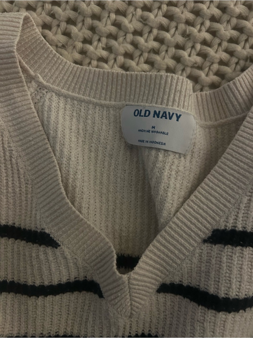 Old Navy Striped V-Neck Sweater – Cream & Black – Size Medium